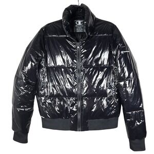 Champion Puffer Jacket Womens L Black Shiny Wet Look Tech Fill Winter Coat Logo